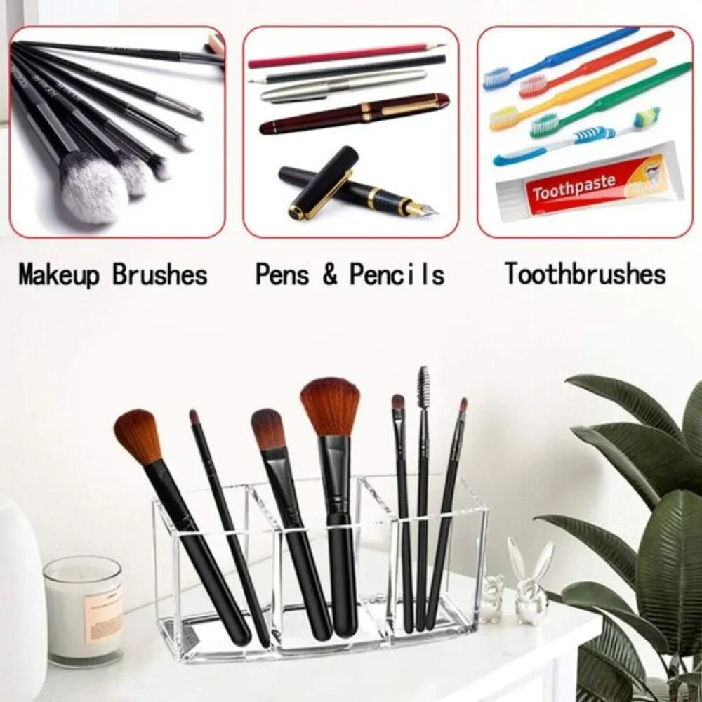 New Acrylic Makeup Brush Organizer, Clear 3-Slot Holder for Cosmetic Brushes